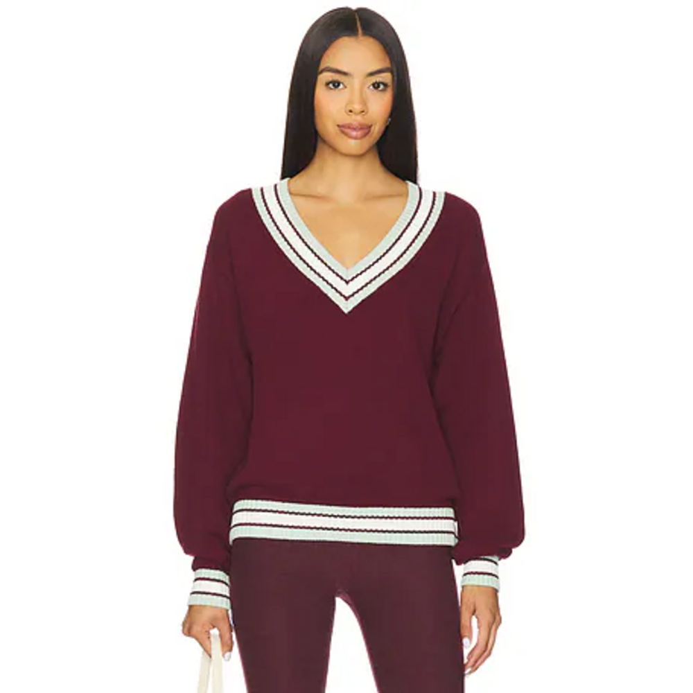 THE UPSIDE Josette V Neck Knit Sweater in Merlot in Red